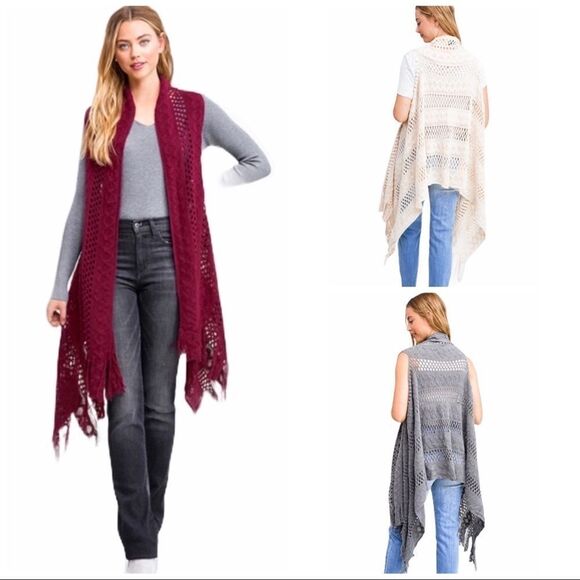 Sleeveless Gray Crochet Asymmetric Open Front Fringe Vest - NEW - Picture 4 of 4
